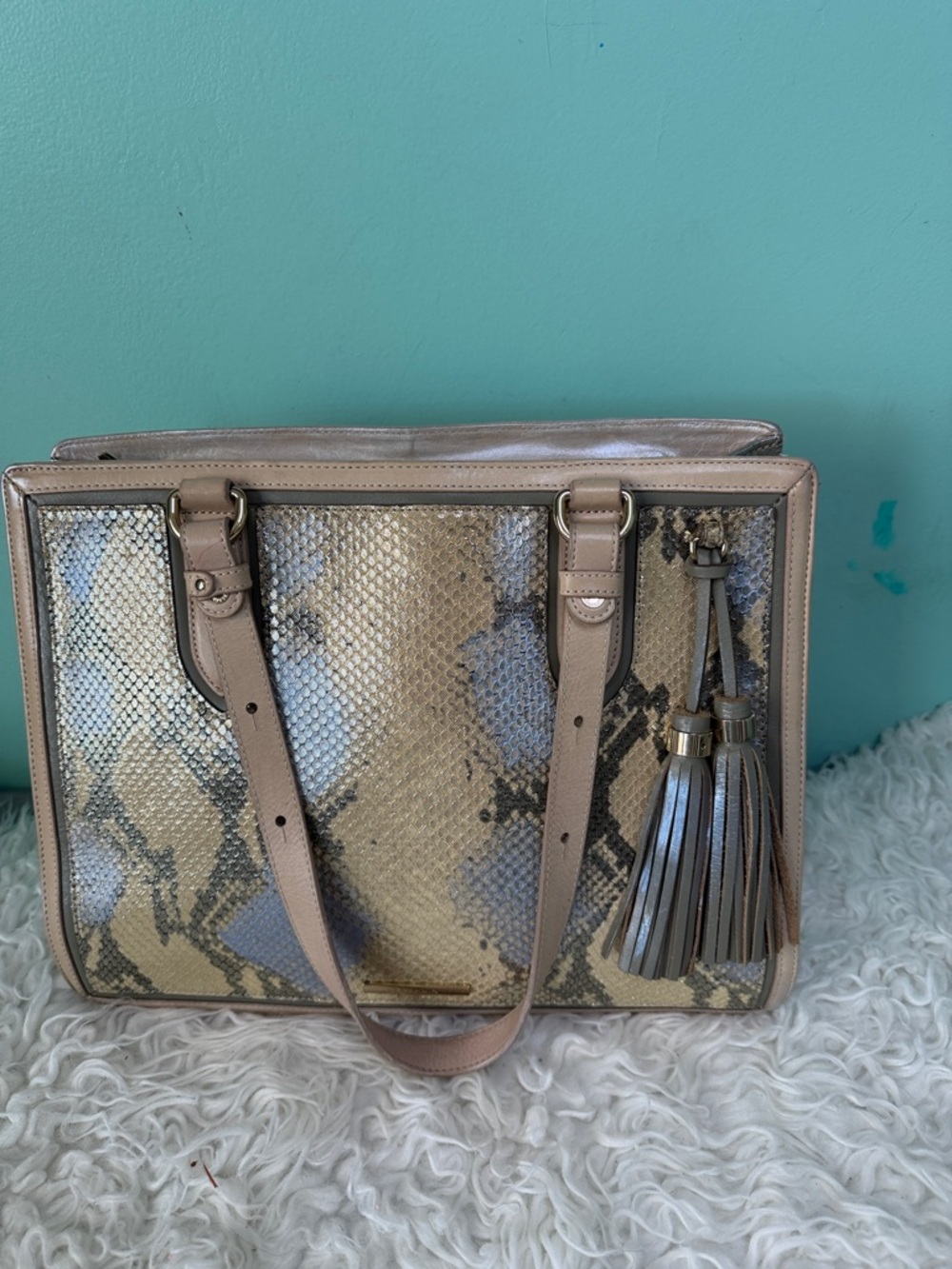 Brahmin Taupe and Gold Snake-Print Tote with Tassel